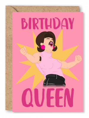 A pink Queen inspired Birthday card featuring an illustrated Freddie Mercury on a yellow starburst background and the text ‘Birthday Queen’
