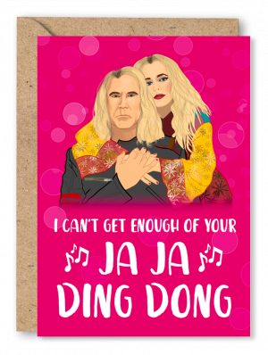 A bright pink anniversary card featuring Eurovision characters Lars and Sigrit alongside white text reading ‘I can’t get enough of your Ja Ja Ding Dong’