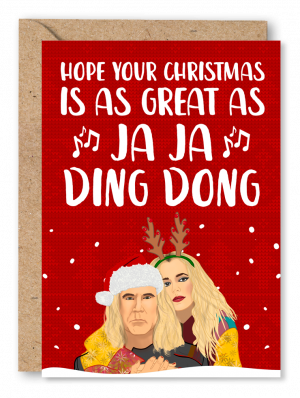 A red Christmas card featuring Eurovision characters Sigrit wearing reindeer antlers and Lars wearing a Santa hat with snow falling in the background. White text at the top reads ‘Hope your Christmas is as great as Ja Ja Ding Dong’