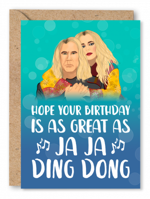 A birthday card featuring an illustration of Eurovision characters Sigrit and Lars on a blue to green faded background. White text at the bottom of the card reads ‘Hope your birthday is as great as Ja Ja Ding Dong!’