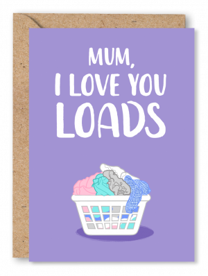 A Mother’s Day card featuring a laundry basket filled with clothing on a purple background alongside the text ‘Mum, I love you loads’