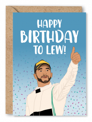 A birthday card featuring Formula 1 racer Lewis Hamilton with his thumb up on a blue confetti background alongside white text reading ‘Happy Birthday to Lew!’