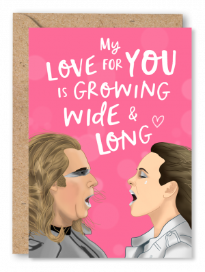 A pink Anniversary card featuring Eurovision characters Sigrit and Lars alongside white text reading ‘My love for you is growing wide and long’