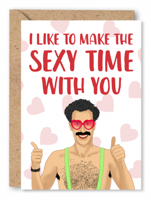 A white Valentine’s Day card featuring Borat wearing a mankini with his thumbs up, on a red heart patterned background alongside red text reading ‘I like to make the sexy time with you’