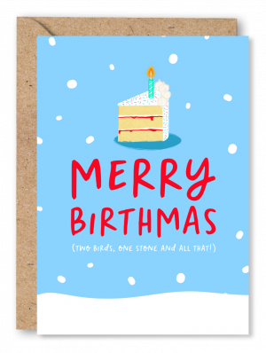 A December Birthday card featuring a piece of cake on a blue and white snowy background and the text ‘Merry Birthmas’