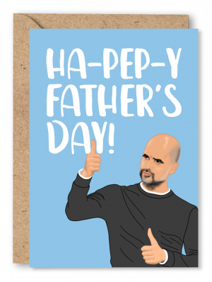 A light blue Father’s Day card featuring Manchester City boss Pep Guardiola with his thumb up, alongside white text reading ‘Ha-Pep-y Father’s Day!’