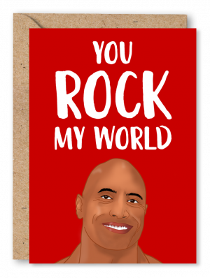 A red Valentine’s Day card featuring Dwayne ‘The Rock’ Johnson alongside white text reading ‘You rock my world’