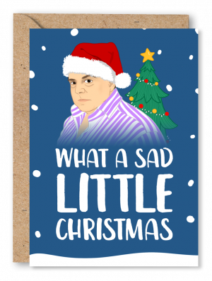 A navy blue Christmas card featuring Come Dine With Me contestant Peter Marsh wearing a Santa hat next to a Christmas tree. The design is on a snowy background and is alongside white text reading ‘What a sad little Christmas’