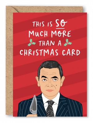 A Christmas card featuring Rowan Atkinson from Love Actually and the text ‘This is so much more than a Christmas card’ on a red striped background