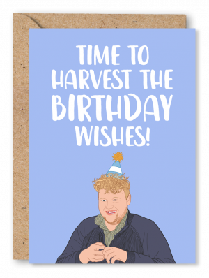 A blue birthday card featuring an illustration of Kaleb Cooper from Clarkson’s Farm alongside white text reading ‘Time to harvest the birthday wishes’