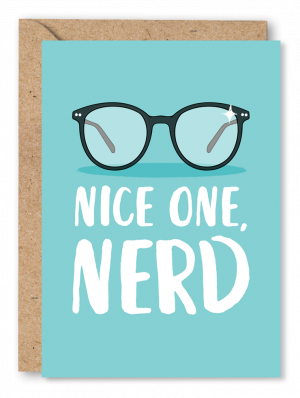 A mint blue exam congratulations card featuring an illustrated pair of glasses. White text underneath reads ‘Nice One, Nerd’