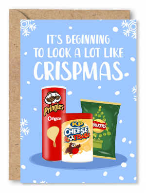 A blue Christmas card featuring an illustration of a tube of Pringles, a tub of Cheese Footballs and a bag of Festive Walkers crisps. White text above reads ‘It’s beginning to look a lot like Crispmas’