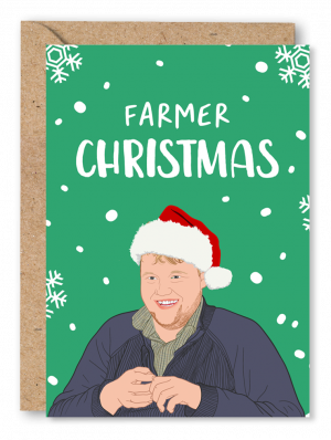 A green Christmas card featuring an illustration of Caleb Cooper from Clarkson’s Farm wearing a Santa hat. White text above reads ‘Farmer Christmas’