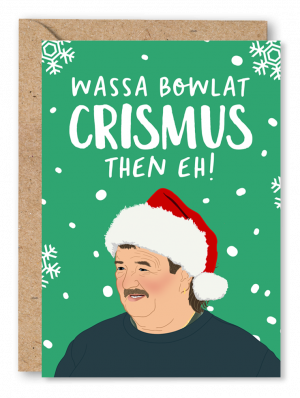 A green Christmas card featuring an illustration of Gerald from Clarkson’s Farm wearing a Santa hat. White text above reads ‘Wassa bowlat Crismus then eh!’
