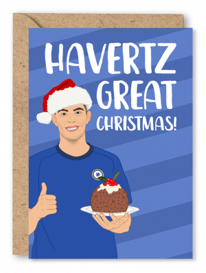 A blue Christmas card featuring an illustration of footballer Kai Havertz with his thumb up, holding a Christmas pudding. White text above reads ‘Havertz Great Christmas’