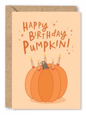 A orange Birthday card featuring an illustration of a hand holding a Pumpkin on an orange background. Orange text above reads ‘Happy Birthday Pumpkin’