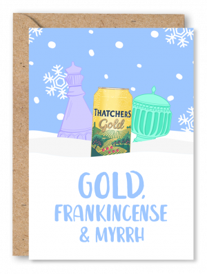 A blue Christmas card featuring an illustration of a can of Thatchers Gold cider nestled in a snow drift, with a bottle of frankincense and a bottle of myrrh behind. White text below reads ‘Gold, Frankincense and Myrrh’