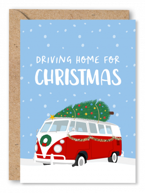 A blue Christmas card featuring an illustration of a festively decorated Volkswagen Camper Van driving through snow. White text above reads ‘Driving home for Christmas’